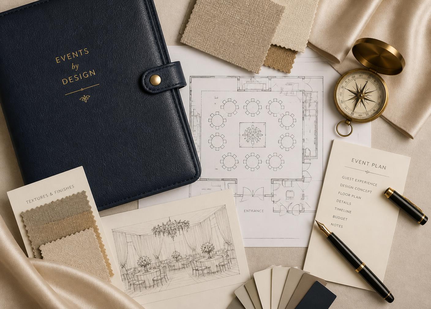 Event planning materials arranged with a brass compass