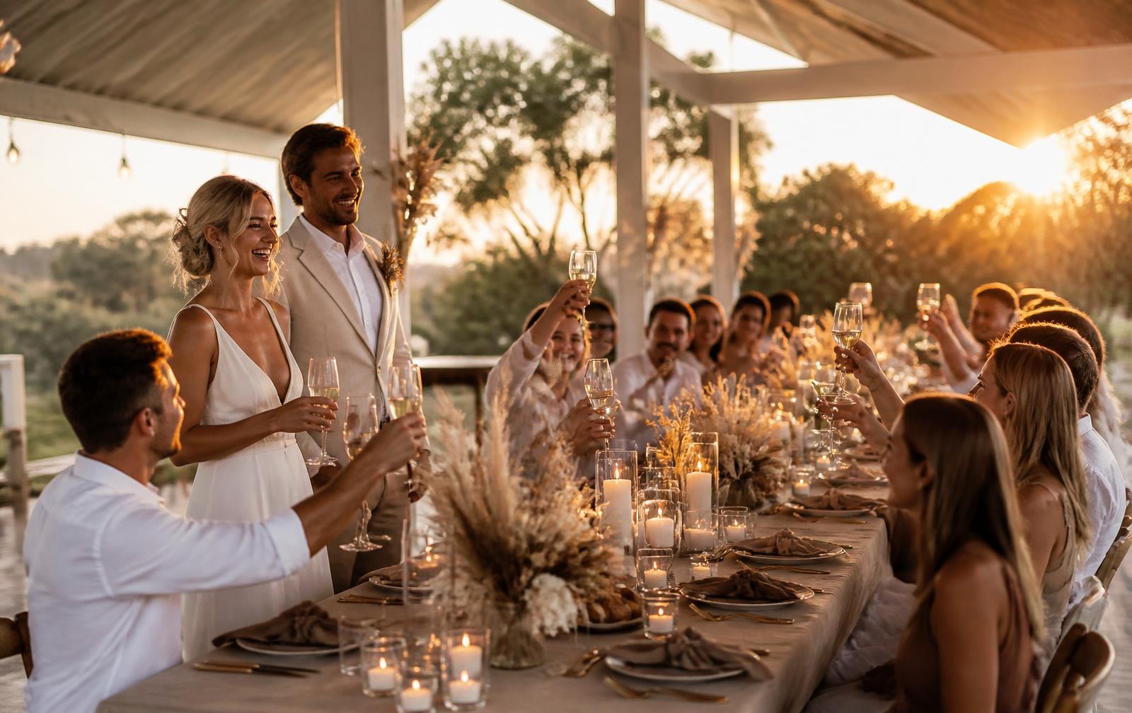 A warm wedding reception setting