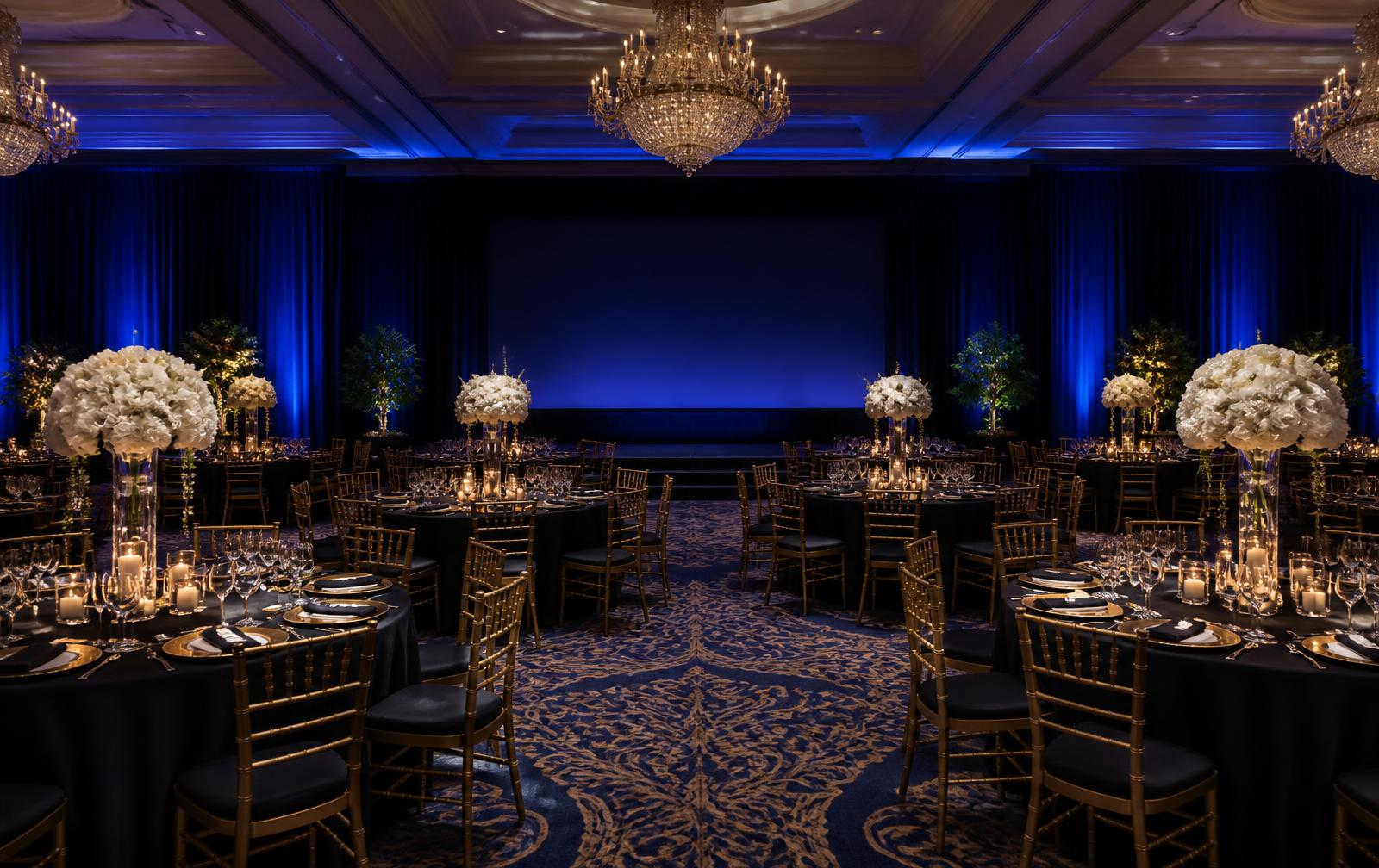 A ballroom prepared for a corporate gala